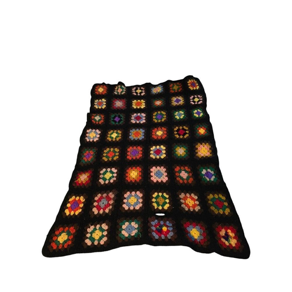 Vintage 1970s Handmade Grannysquare Colorful Hippie Throw Blanket Black